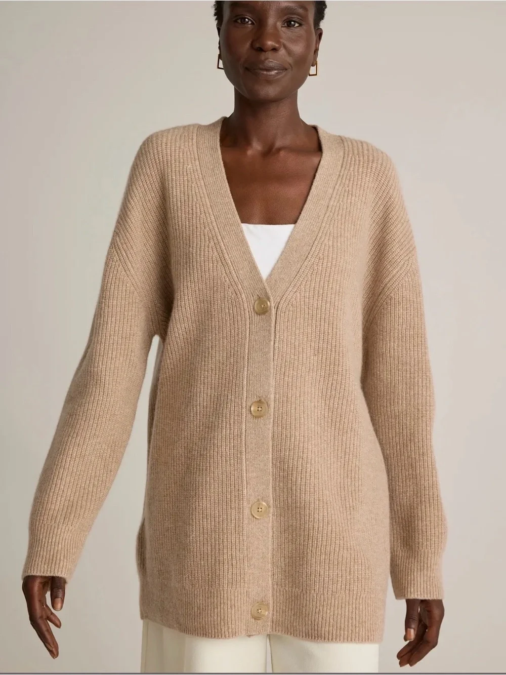 Quince Mongolian Cashmere Oversized Boyfriend Cardigan Sweater, Oatmeal, Small